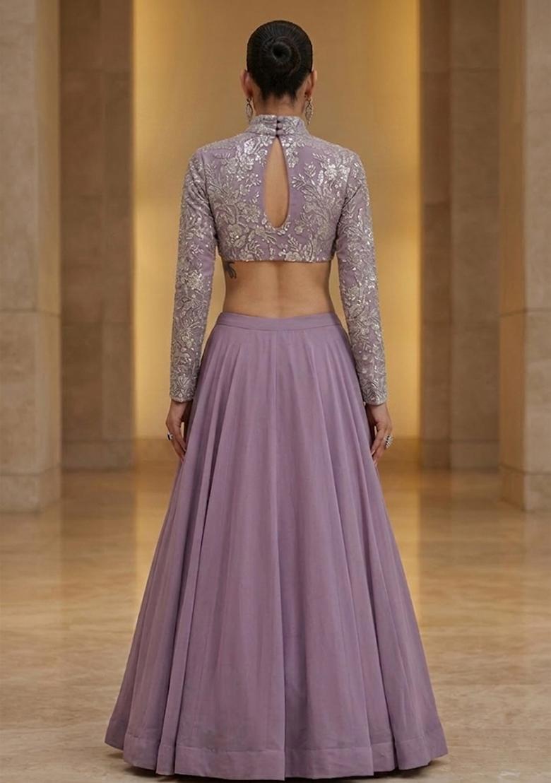 Mauve Purple Embroidered Net Lehenga Set - Indya