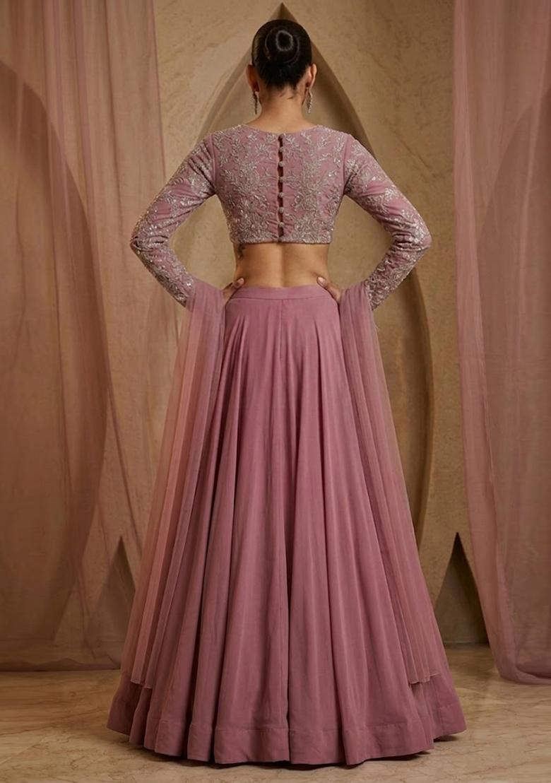 Dusty Pink Embroidered Net Lehenga Set - Indya