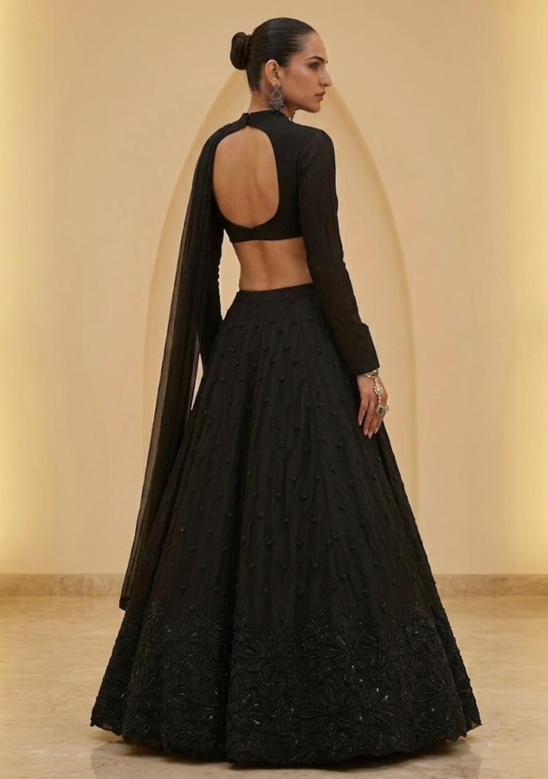 Black Embroidered net Lehenga Set - Indya