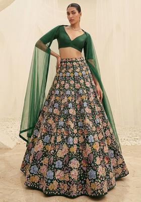 Bottle Green Printed Crepe Lehenga Set