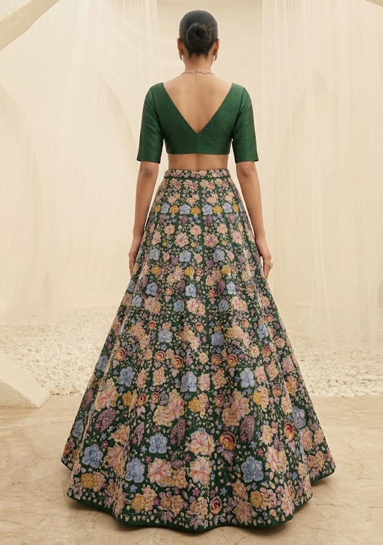 Bottle Green Printed Crepe Lehenga Set - Indya