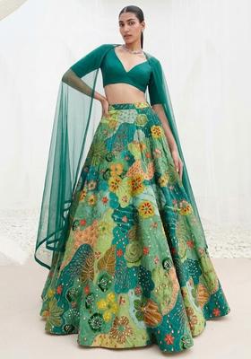 Teal Green Printed Crepe Lehenga Set
