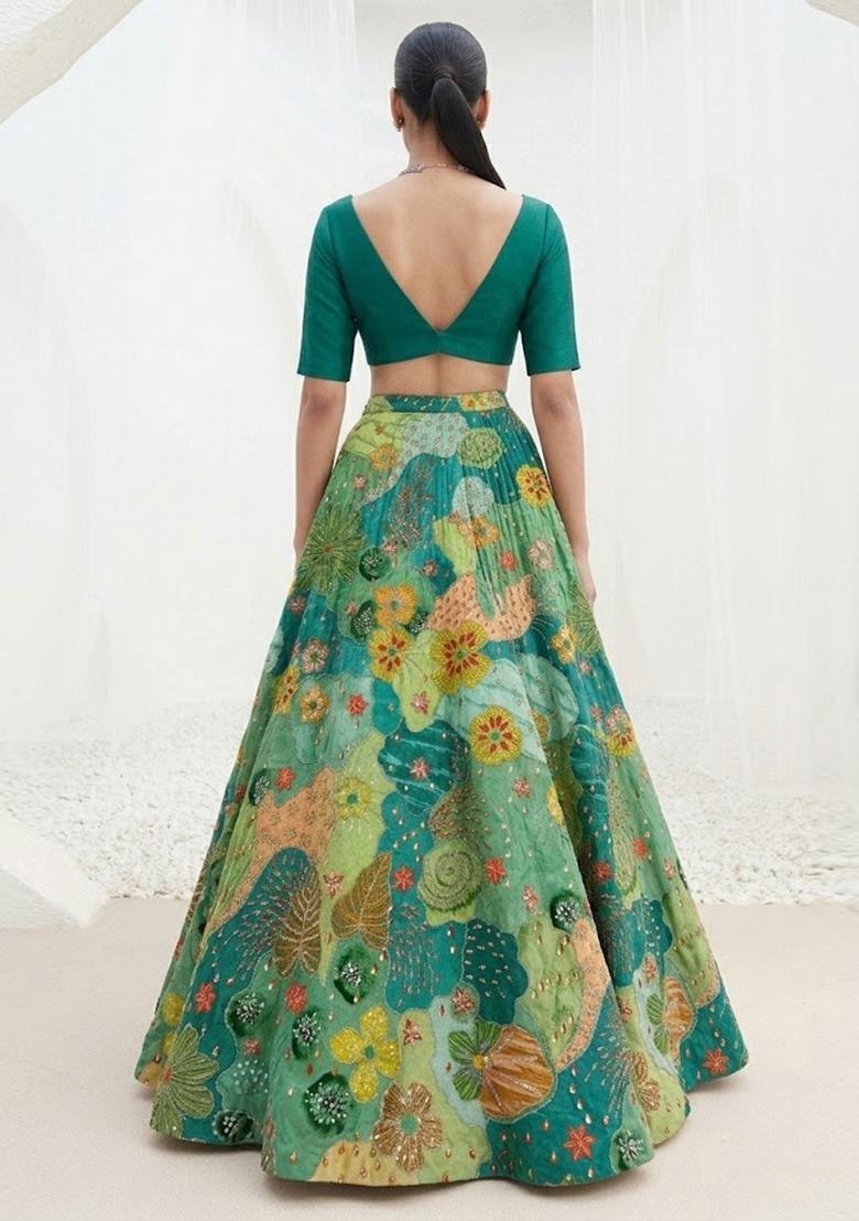 Teal Green Printed Crepe Lehenga Set - Indya