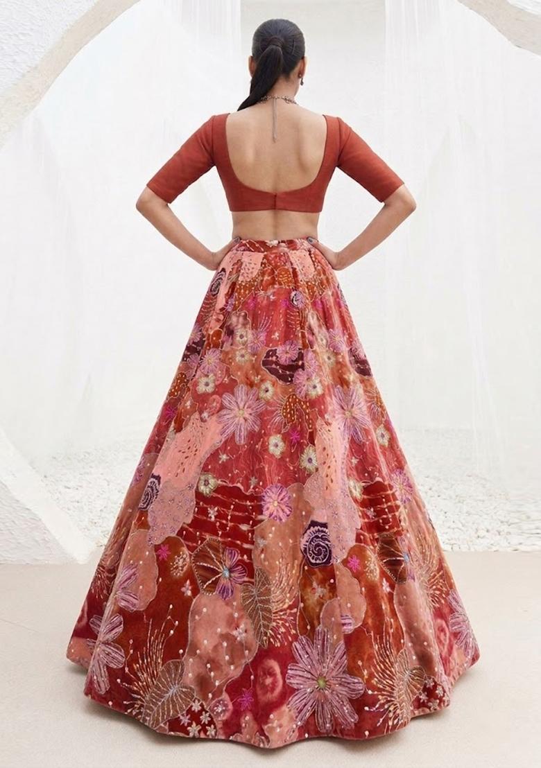 Rust Red Printed Crepe Lehenga Set - Indya
