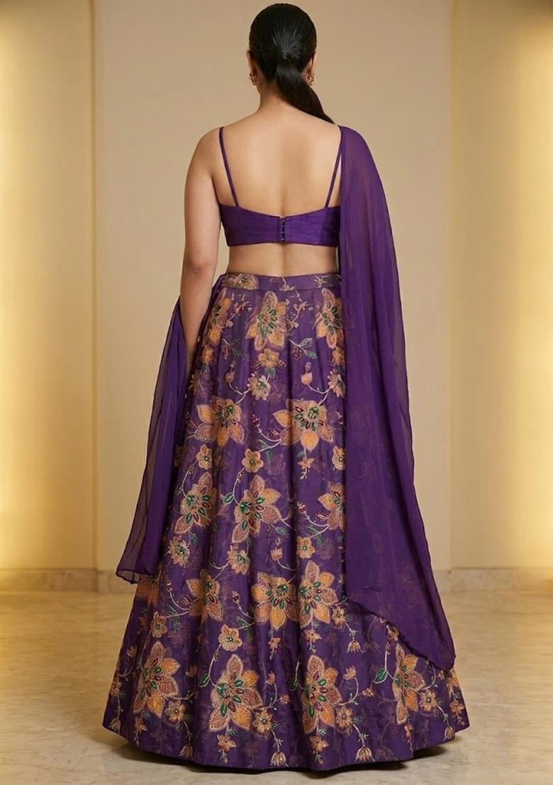 Deep Purple Printed Organza Lehenga Set - Indya