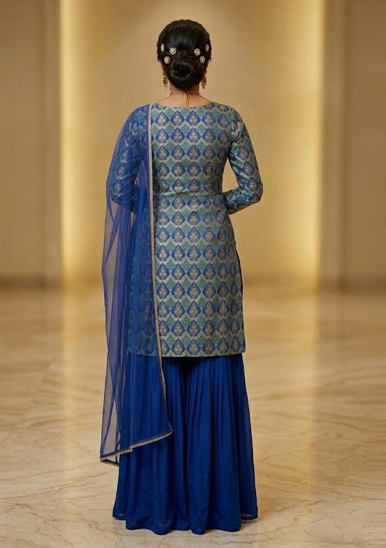 Royal Blue Printed Sharara Set - Indya