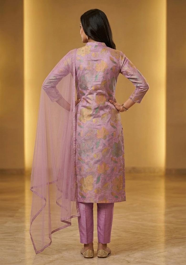 Lavender Pink Printed Kurta Set - Indya