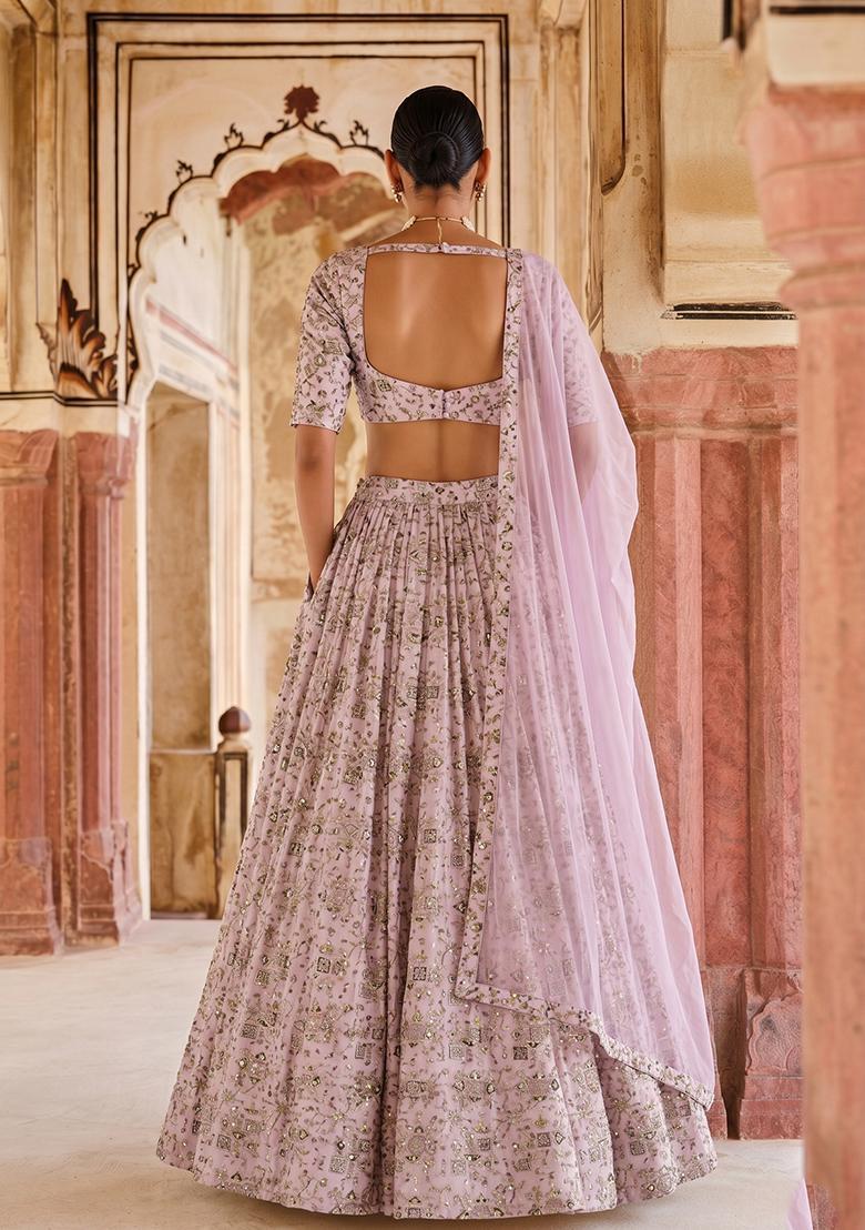 Lavender Pink Printed Crepe Lehenga Set - Indya