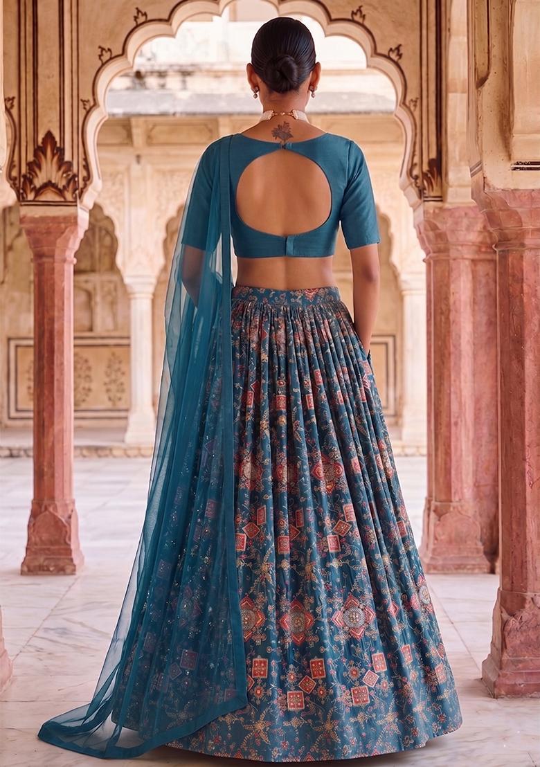 Teal Blue Printed Crepe Lehenga Set - Indya