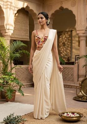 Off White Embroidered Handwork Pre Draped Saree Set