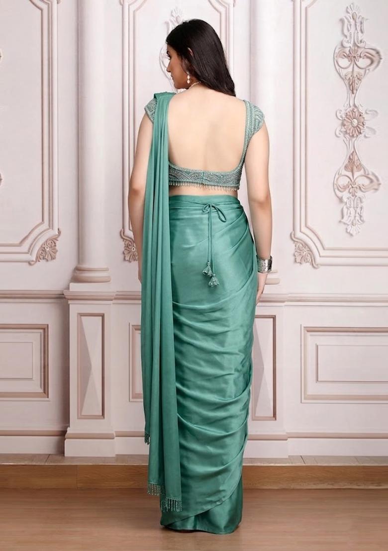 Teal Green Embroidered Handwork Pre Draped Saree Set - Indya
