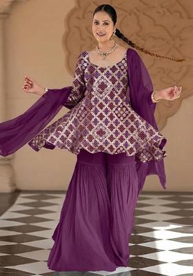 Deep Purple Zari Silk Blend Sharara Set