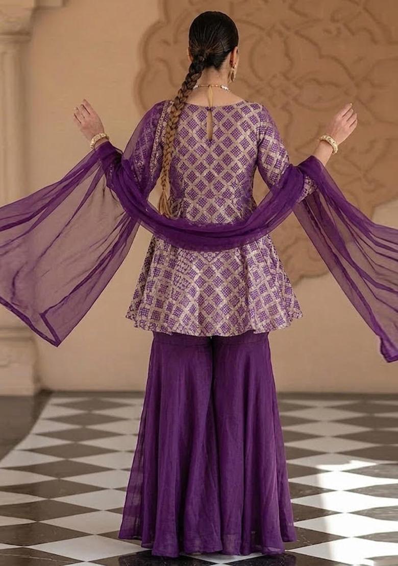 Deep Purple Zari Silk Blend Sharara Set - Indya