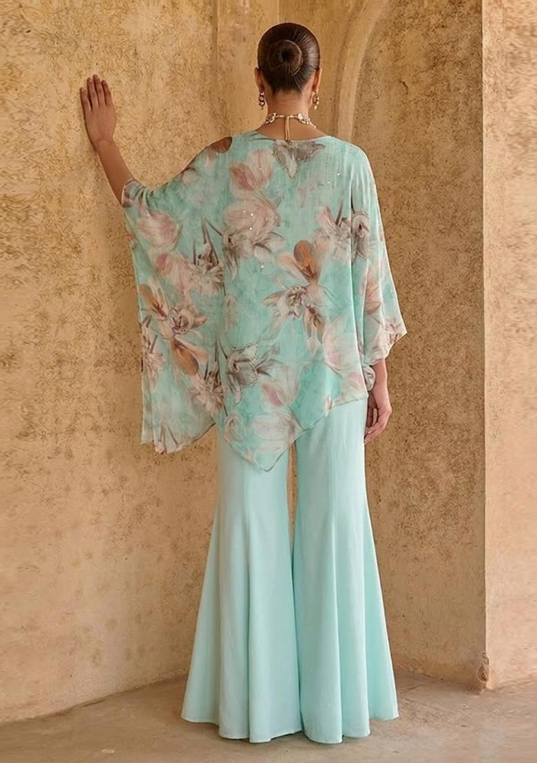 Powder Blue Printed Organza Fusion Set - Indya