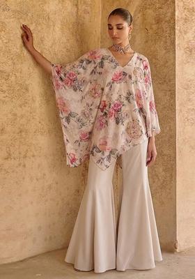 Ivory Beige Printed Organza Fusion Set
