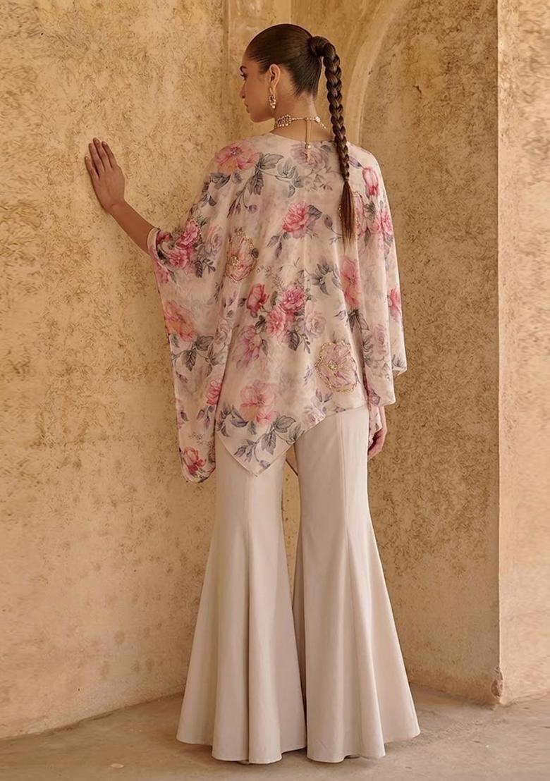 Ivory Beige Printed Organza Fusion Set - Indya