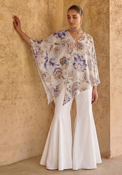 Off White Printed Organza Fusion Set