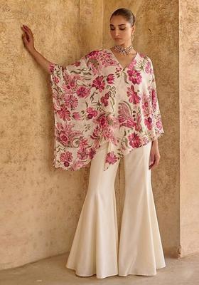 Off White Printed Organza Fusion Set