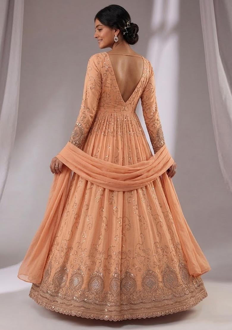 Soft Peach Embroidered Cosmos Anarkali with Dupatta - Indya