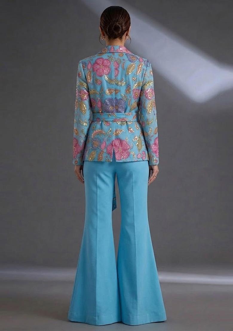 Sky Blue Printed Poly Blend Fusion Set - Indya