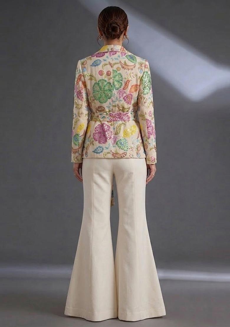 Cream Printed Poly Blend Fusion Set - Indya