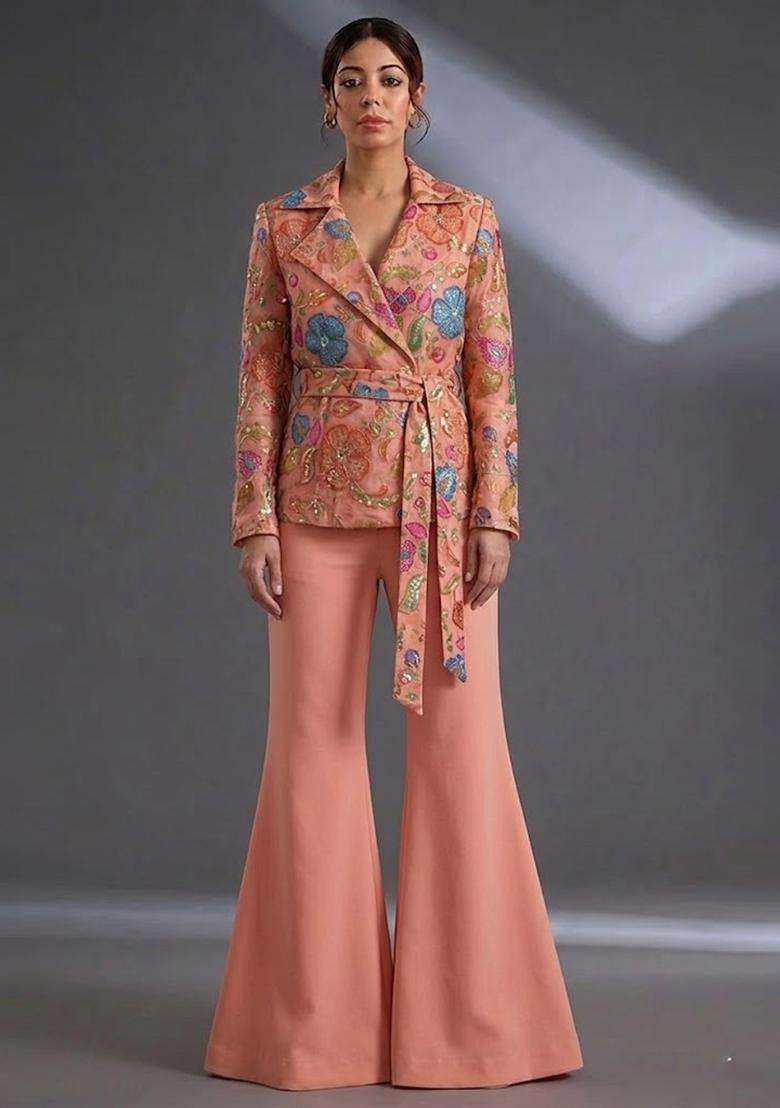 Coral Peach Printed Poly Blend Fusion Set - Indya