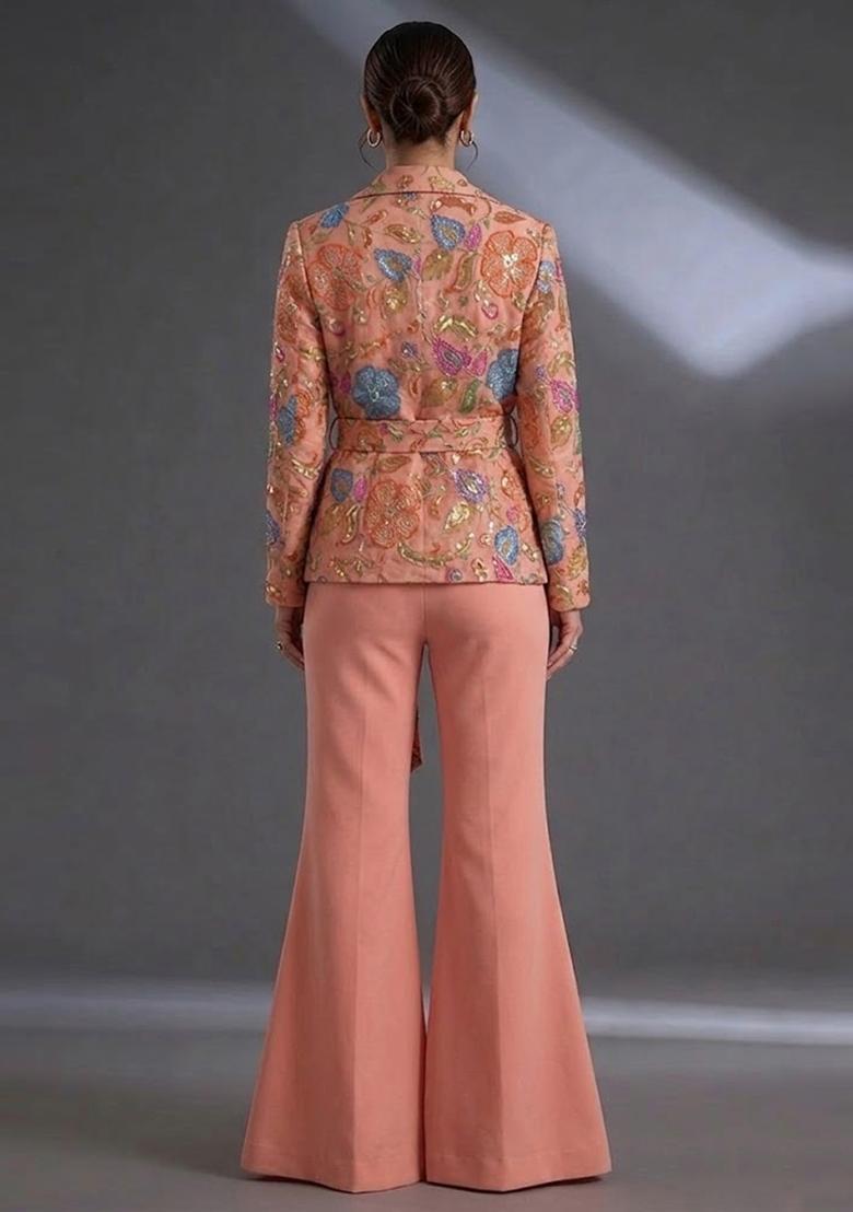 Coral Peach Printed Poly Blend Fusion Set - Indya