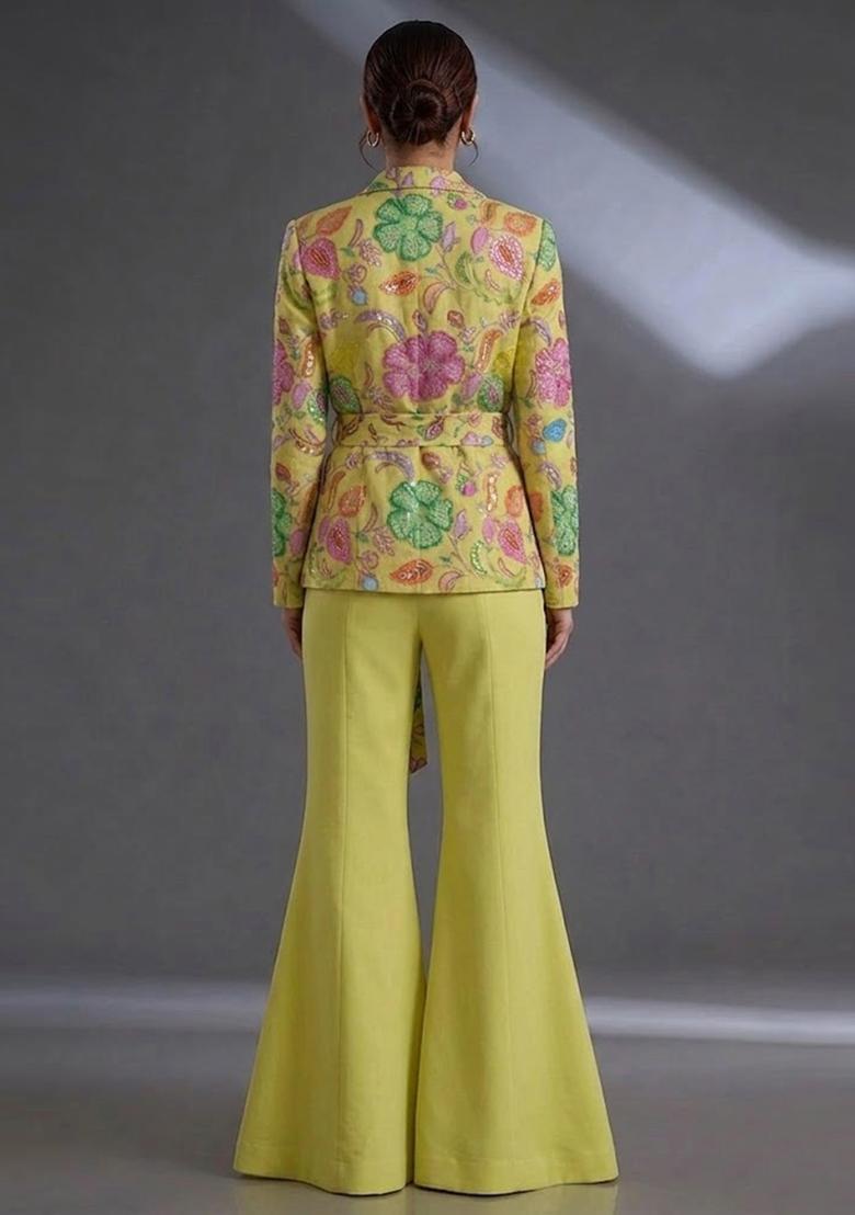 Lime Yellow Printed Poly Blend Fusion Set - Indya