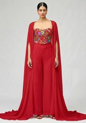 Bright Red Printed Crepe Fusion Set
