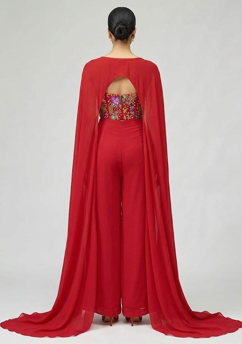 Bright Red Printed Crepe Fusion Set - Indya