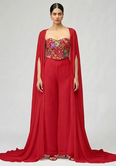 Bright Red Printed Crepe Fusion Set
