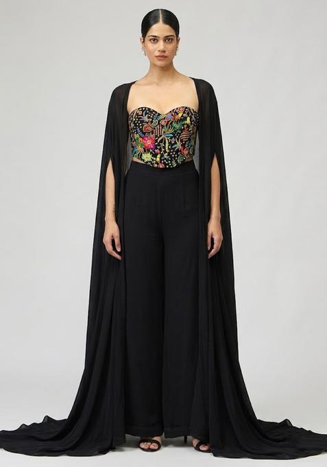 Jet Black Printed Crepe Fusion Set