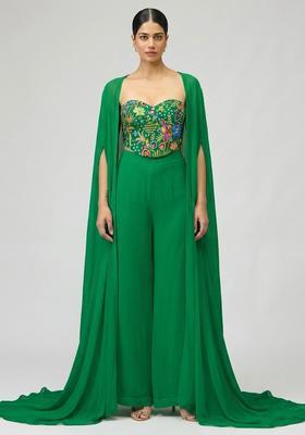 Emerald Green Printed Crepe Fusion Set