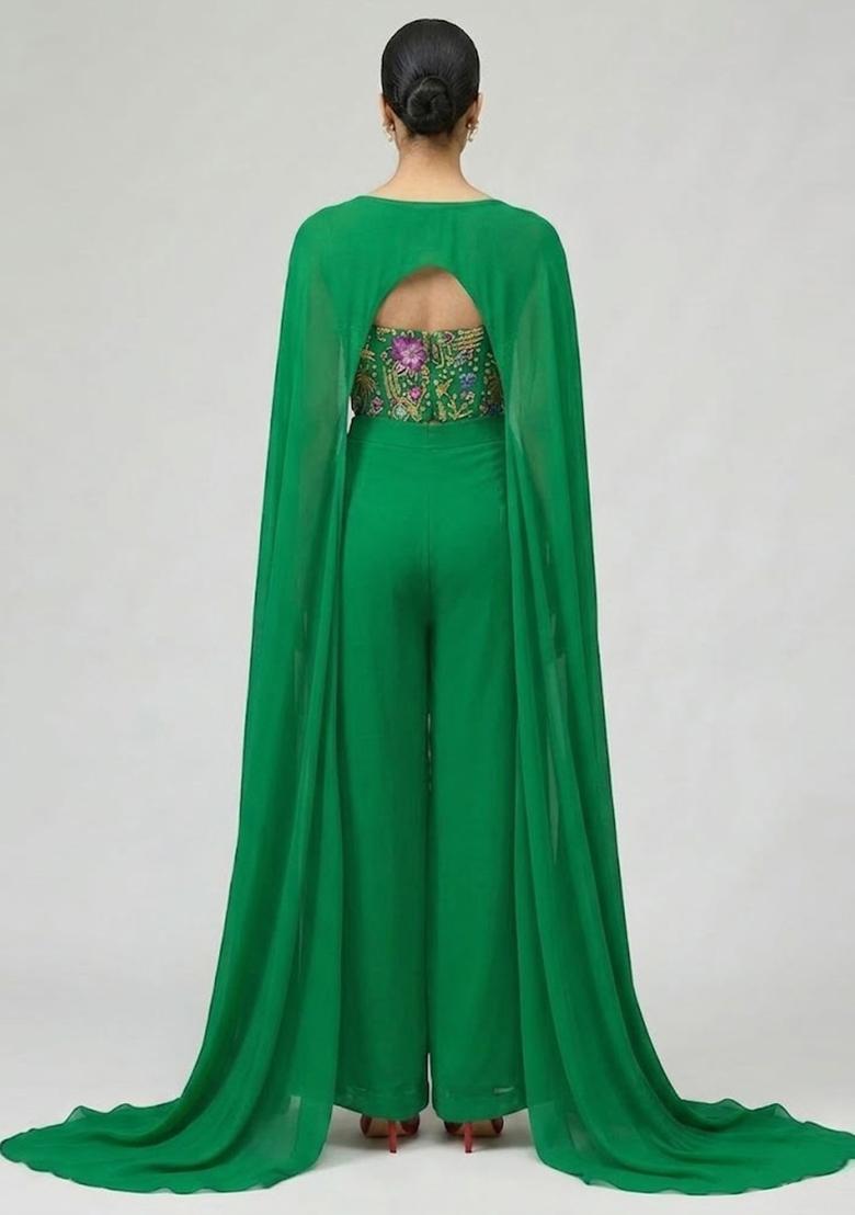 Emerald Green Printed Crepe Fusion Set - Indya