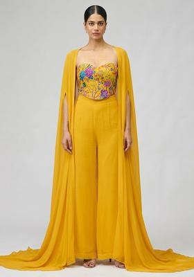 Mustard Yellow Printed Crepe Fusion Set