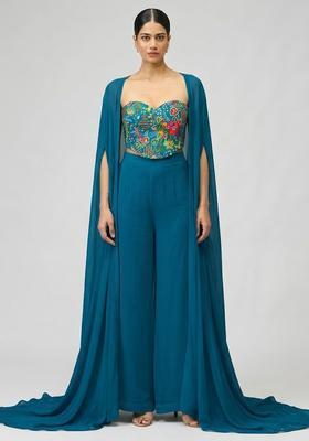 Teal Blue Printed Crepe Fusion Set