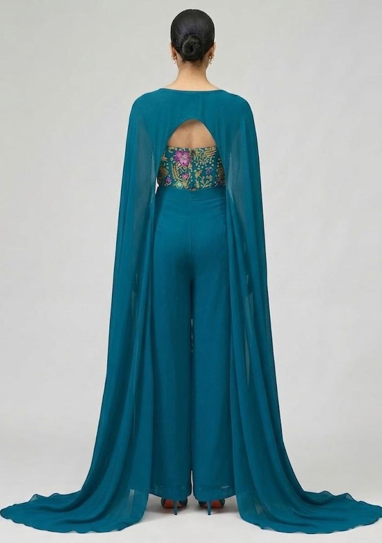 Teal Blue Printed Crepe Fusion Set - Indya
