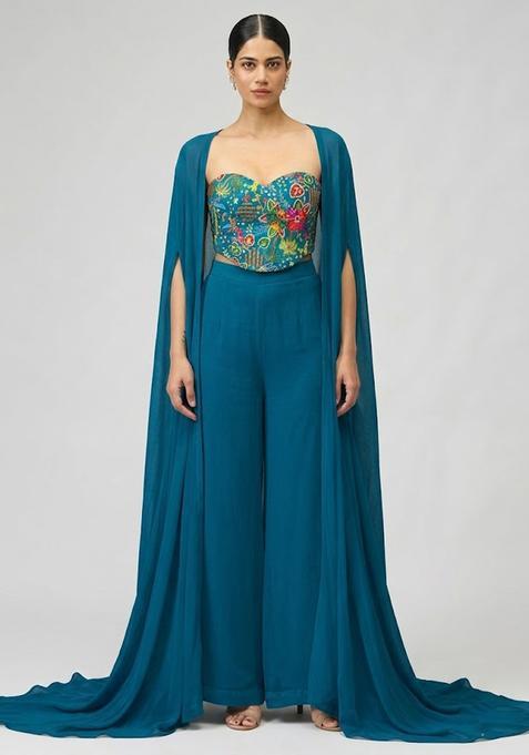 Teal Blue Printed Crepe Fusion Set