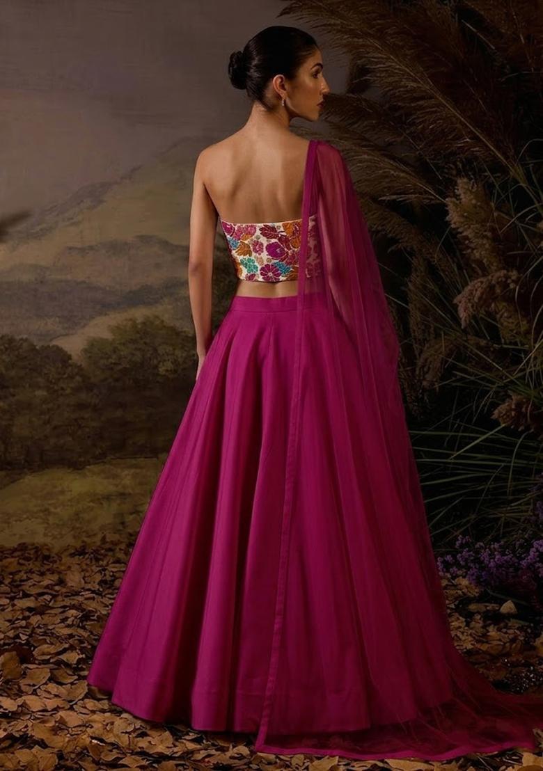 Magenta Pink Embroidered Crepe Lehenga Set - Indya