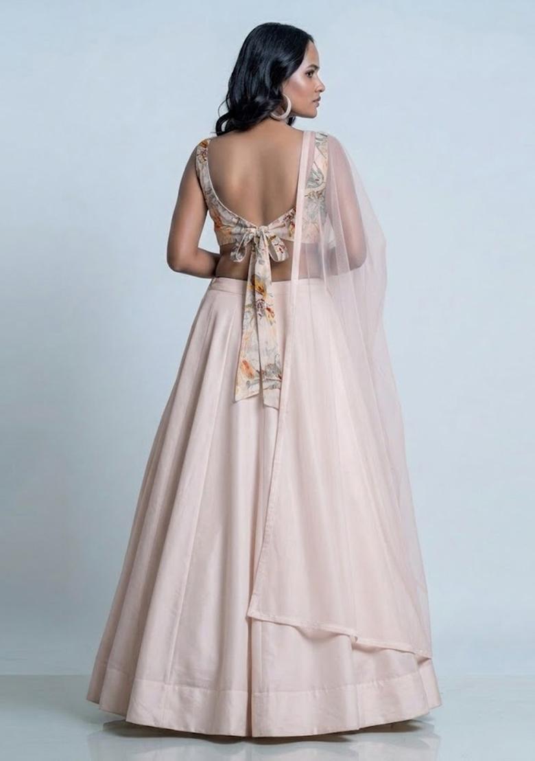 Blush Peach Printed Organza Lehenga Set - Indya