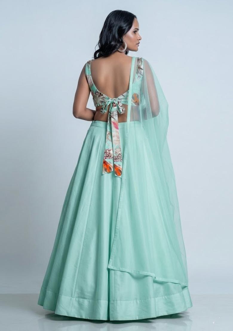 Mint Green Printed Organza Lehenga Set - Indya