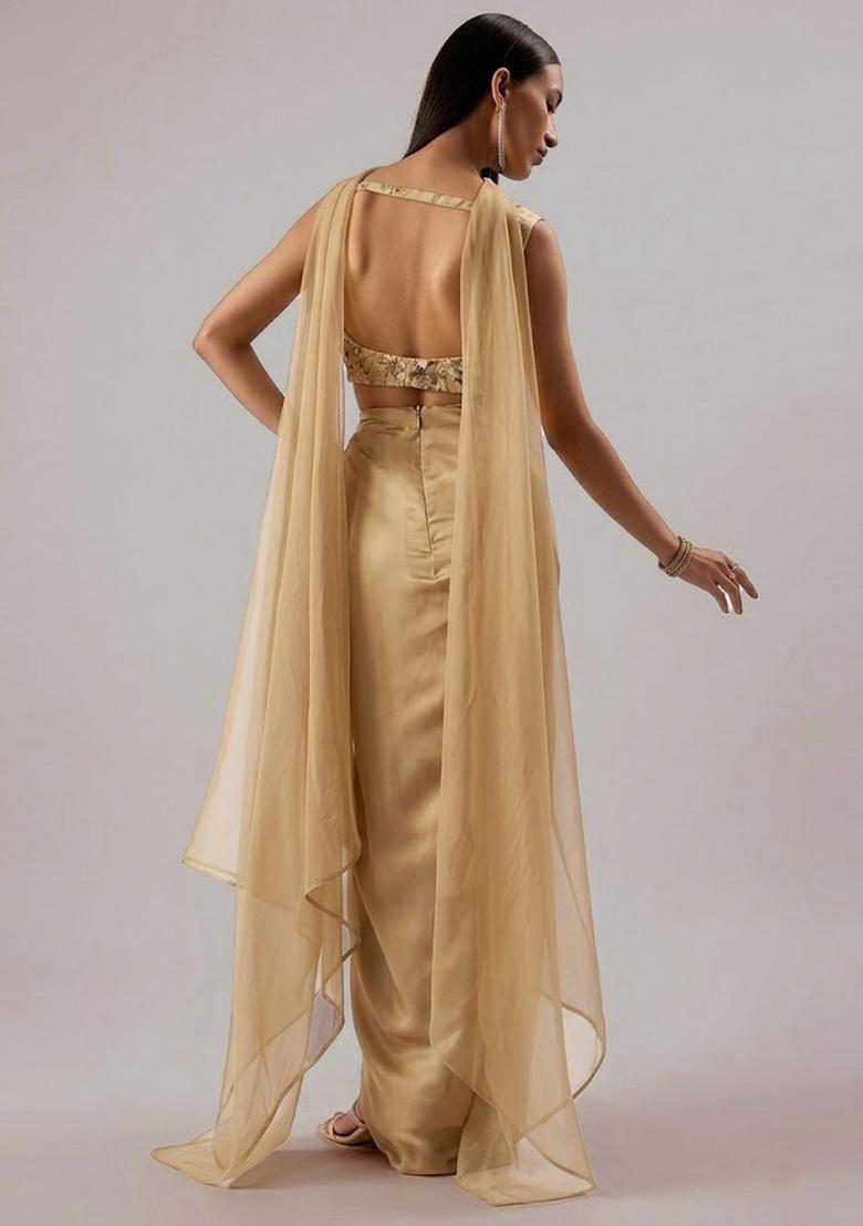Champagne Gold Printed Organza Fusion Set - Indya