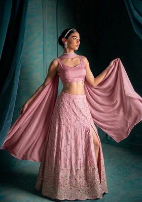 Dusty Rose Pink Embroidered Cosmos Lehenga Set