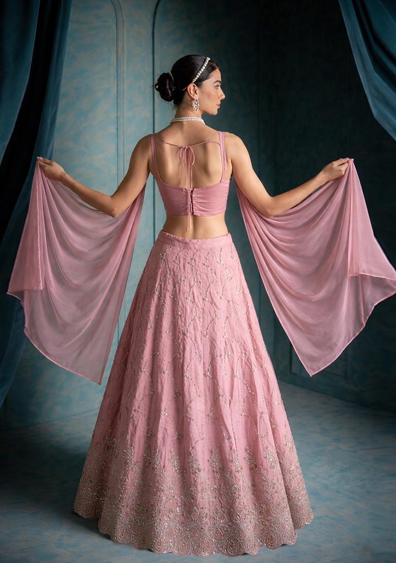 Dusty Rose Pink Embroidered Cosmos Lehenga Set - Indya