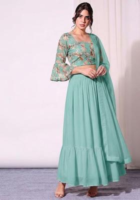 Mint Green Printed Organza Lehenga Set