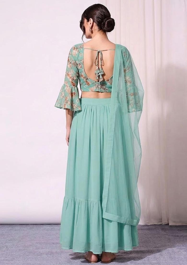 Mint Green Printed Organza Lehenga Set - Indya