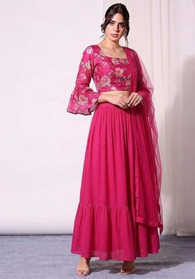 Rani Pink Printed Organza Lehenga Set