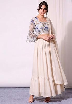 Ivory Beige Printed Organza Lehenga Set