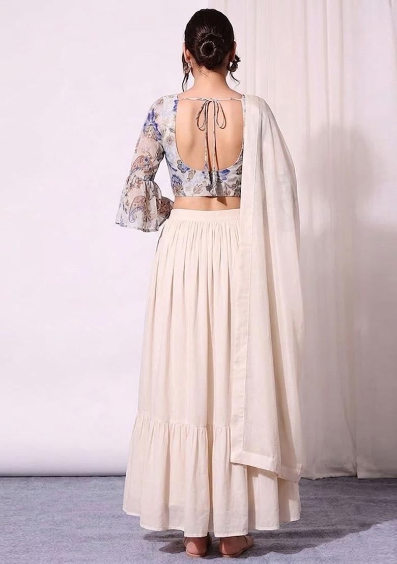 Ivory Beige Printed Organza Lehenga Set - Indya