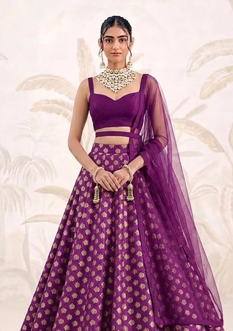 Deep Purple Zari Brocade Lehenga Set - Indya